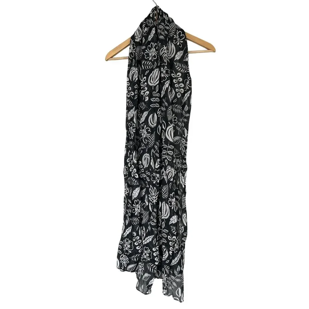 Gudrun Sjoden Floral Scarf Shawl Black White Sheer Lightweight Organic Cotton